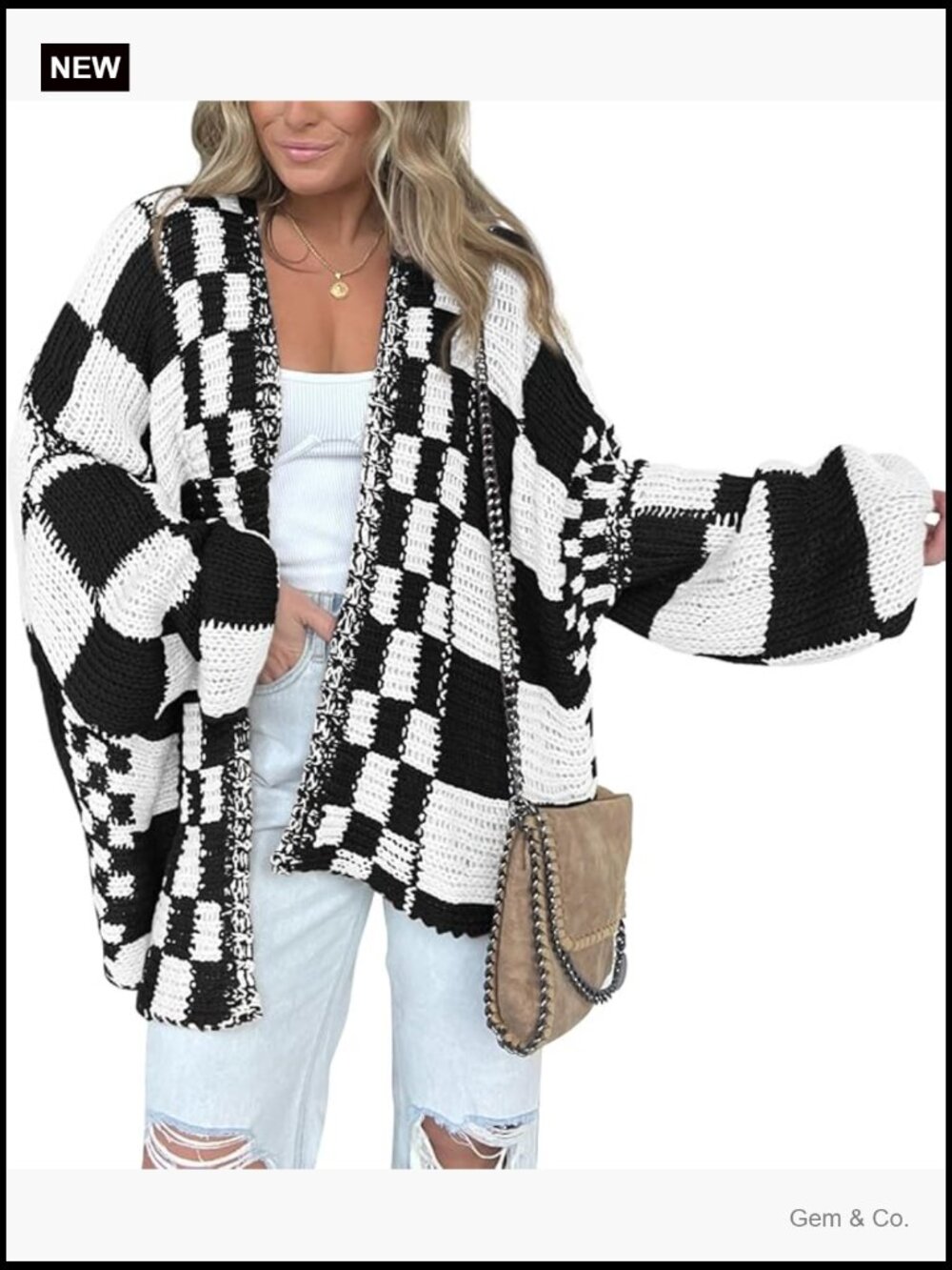 Chunky Knit Open Front Cardigan Sweater Long Sleeve Checkered Coat - Picture 1 of 7